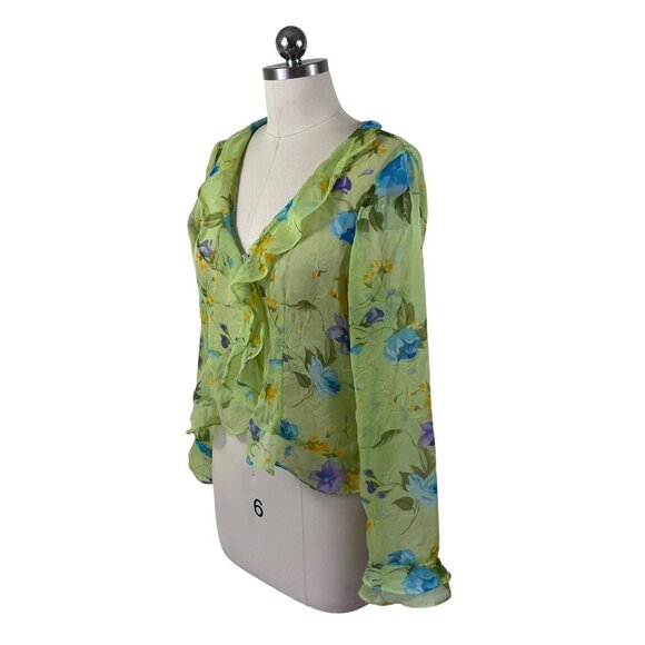 Boston Proper Y2K Blouse Top Womens 4 Green Floral Chiffon Sheer Cottage Fairy - Picture 2 of 9